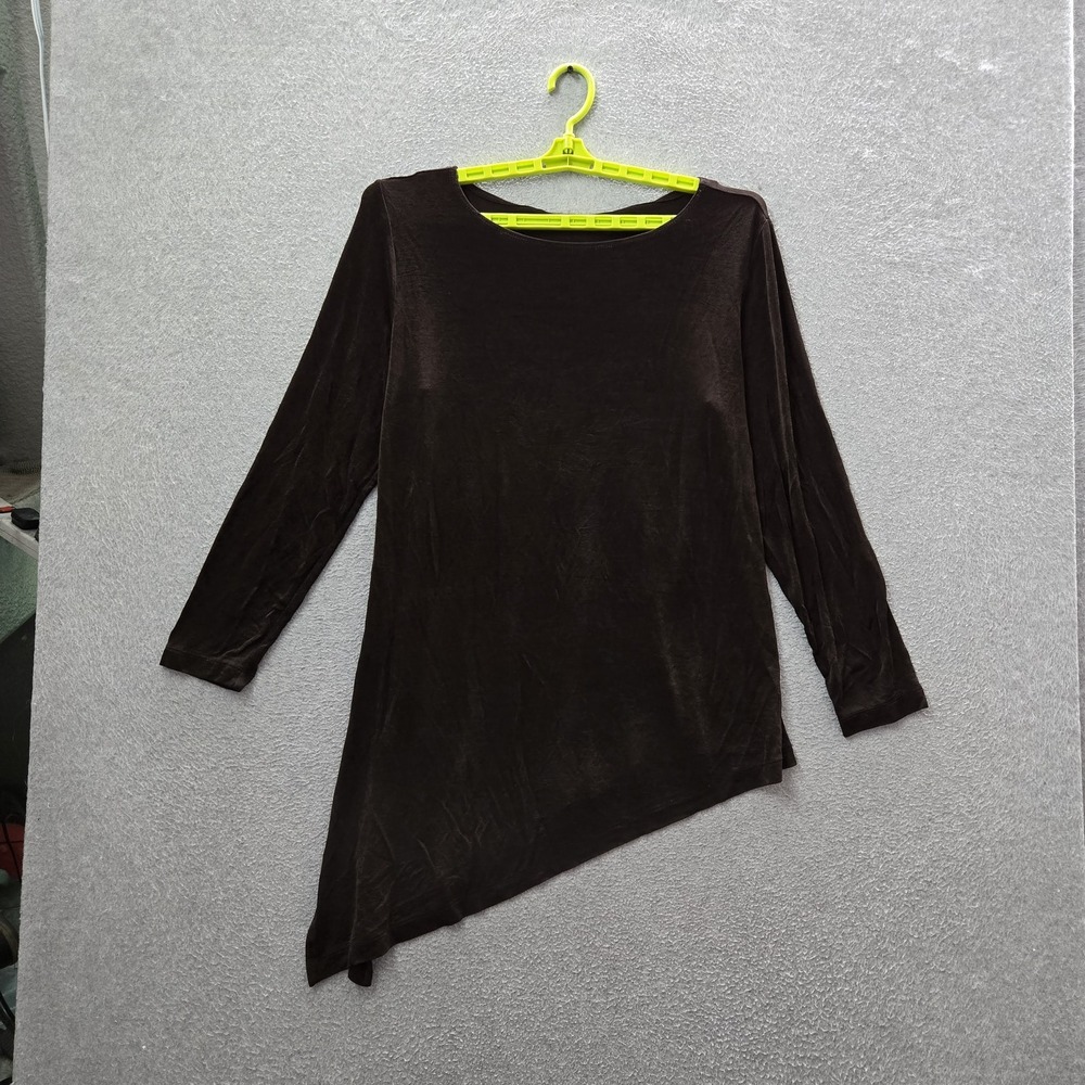 Chico's Women Blouse 3 Brown Travelers Scoop Tunic Long Sleeve Asymmetric Hem
